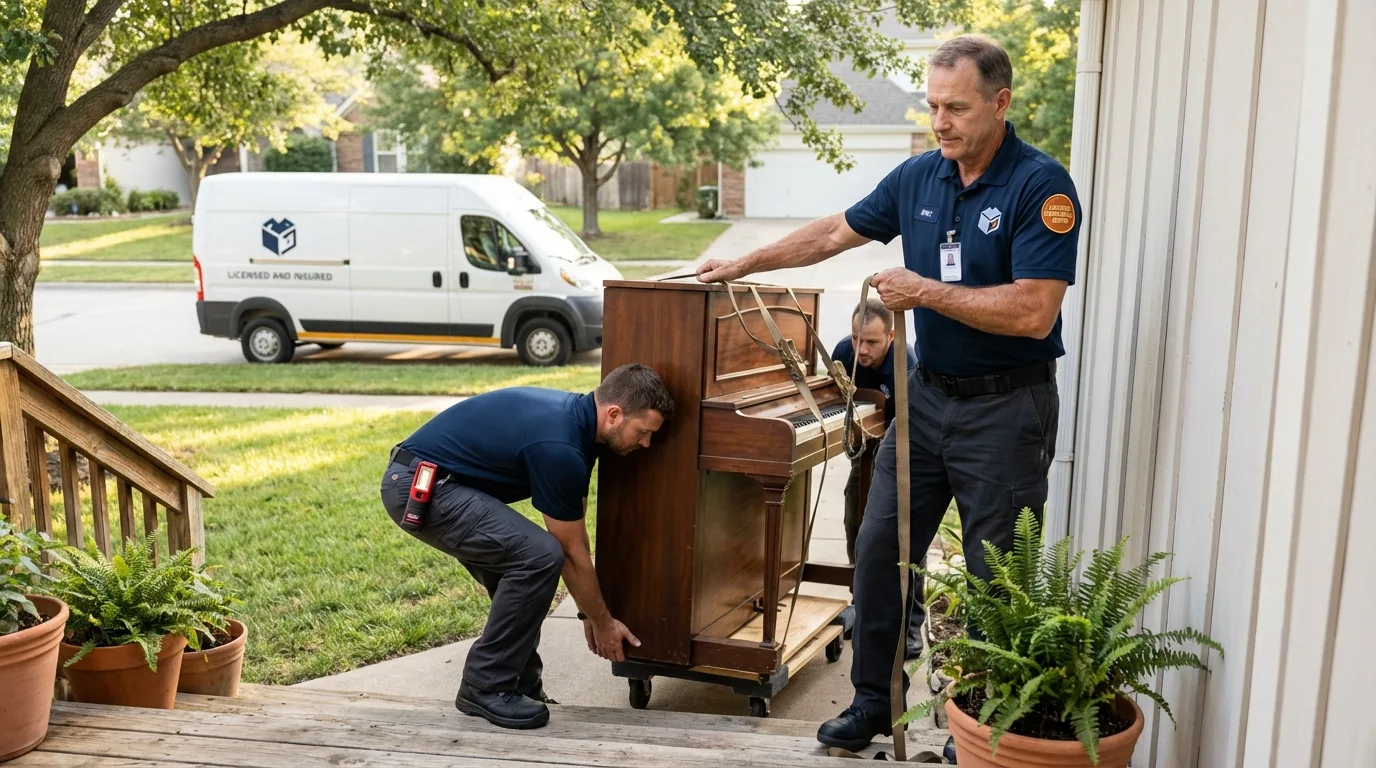 Licensed piano movers securing grand piano in Pittsburg, KS