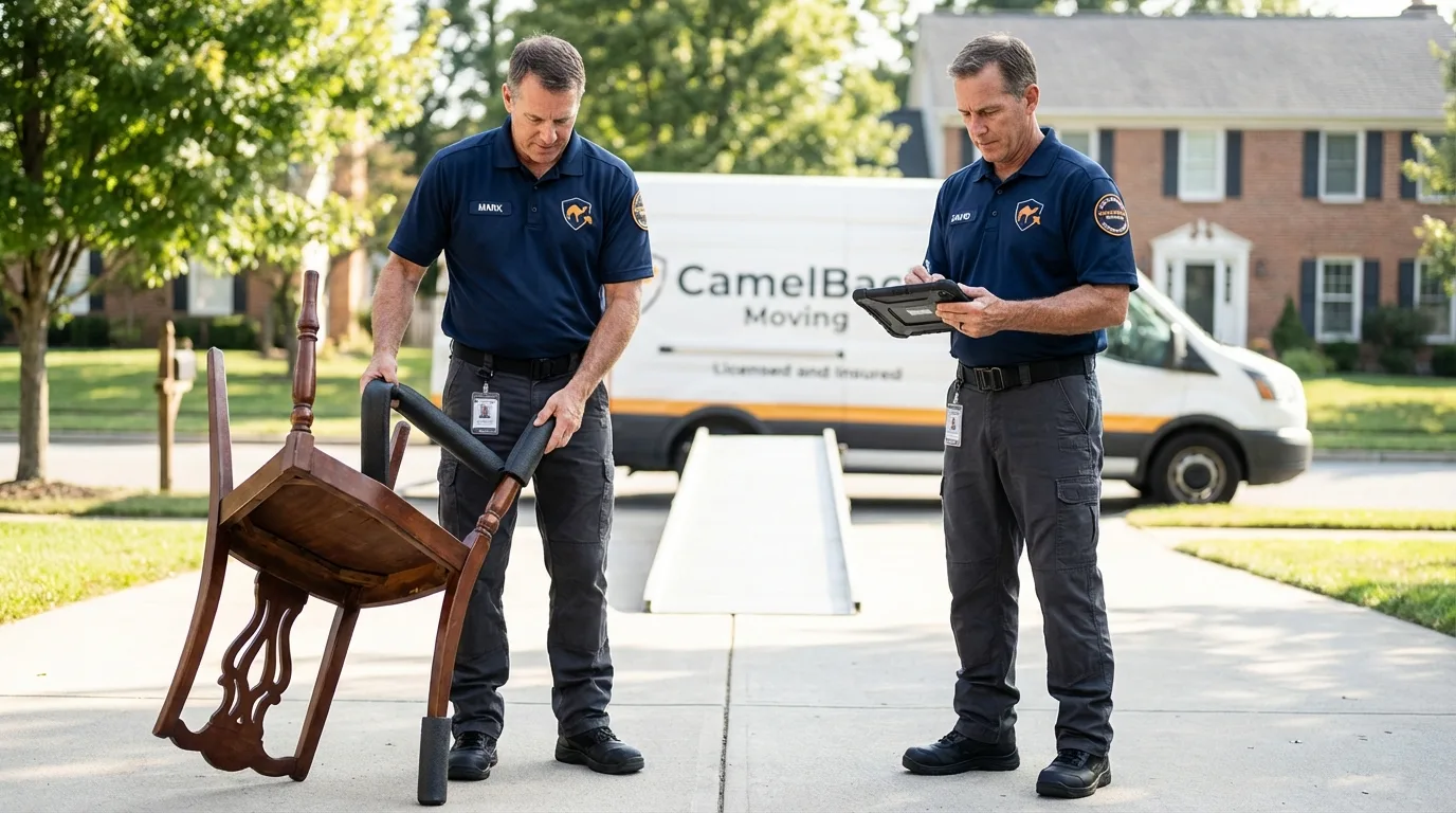 Movers inspecting furniture for damage prevention before loading in Pittsburg, KS